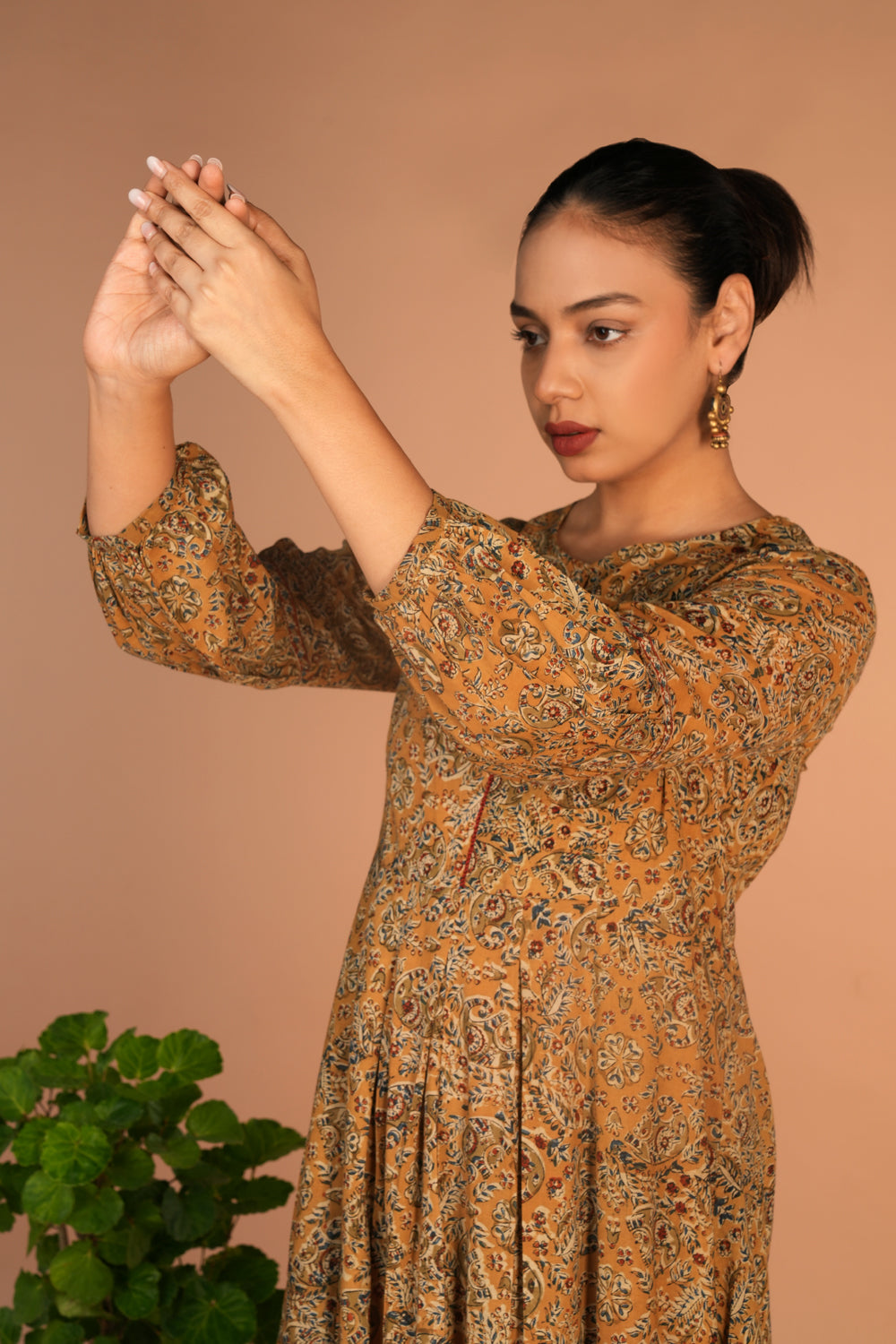 Image of Ochre yellow Kalamkari handblock printed dress